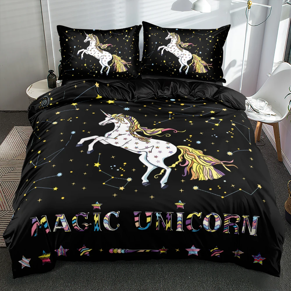 Duvet Cover Set Cartoon Black 3D Bed Linen Unicorn King Queen Double Blanket/Quilt Covers Bed Sets Comfortable Bedding Sets 140