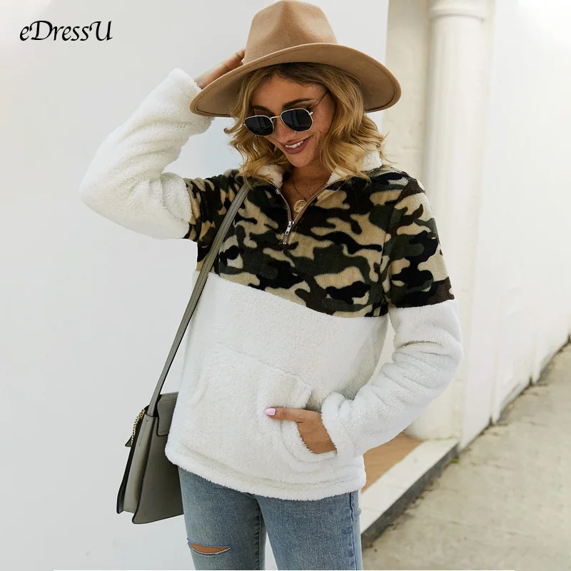 2019 Women Jacket Patchwork Pullover Leopard Jacket Camouflage Coat Casual White Brown Jacket Fleece Flock Outwear DY-197043