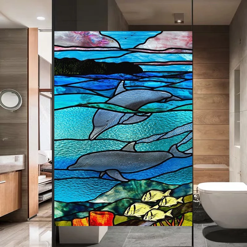 Custom Stained Glass Window Film, Blue Ocean Dolphin Static Cling Privacy Film Waterproof Frosted Vinyl for Bathroom Shower Door