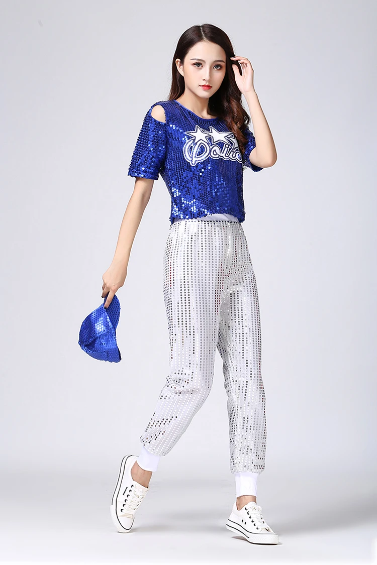 Fashion Adult Hip Hop Street Dancing Clothes Set High Quality Women Jazz Dance Costume Sequined Top+Pants Stage Dance Wear