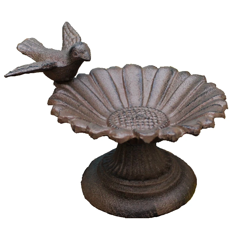 Rustic Bird Sunflower Tabletop Cast Iron Bird Feeder With Round Base European Home Garden Decor Heavy Metal Storage Bowl Plate