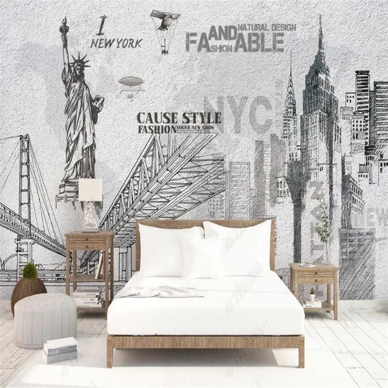 

Nordic Architecture Bridge Statue of Liberty Industrial Gray Mural Wallpaper 3D Cafe Bar Restaurant Wall Covering Wall Paper 3D