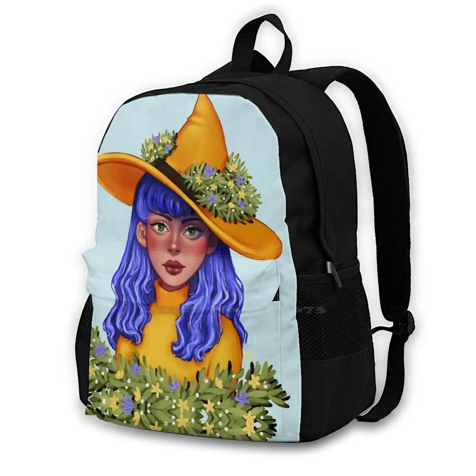 

483D Print Design Backpack Student Bag Portrait Illustration Yellow Witchy Green Plants Blue Hair Bust Little Flowers Herbs