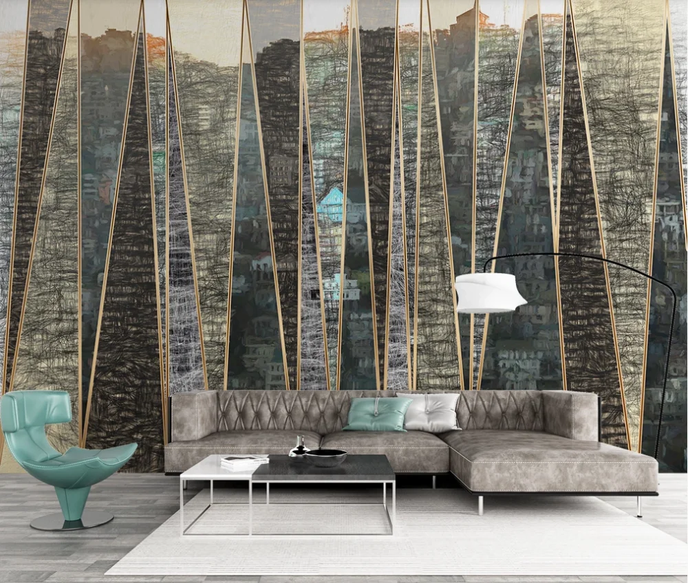 Custom mural wallpaper 3D hand-painted urban architecture geometric lines light luxury background wall living room mural