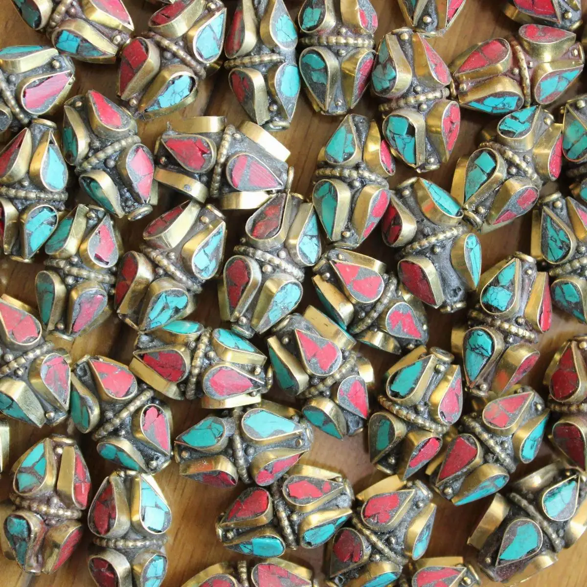 BD243 Nepal Handmade Brass Metal Beads Inlaid Colorful Stone Shuttle Loose Beads For DIY Jewelry 4 PCS Beads Lot