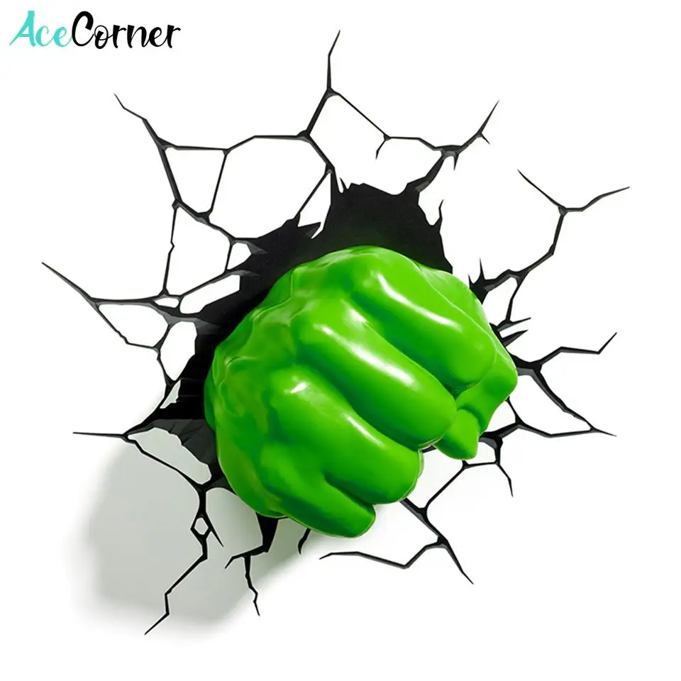 Acecorner Green Hulk Hand Superhero 3D LED Wall Lamp Creative Sticker Hanging Avengers Marvel Night Light for Christmas Kid Gift