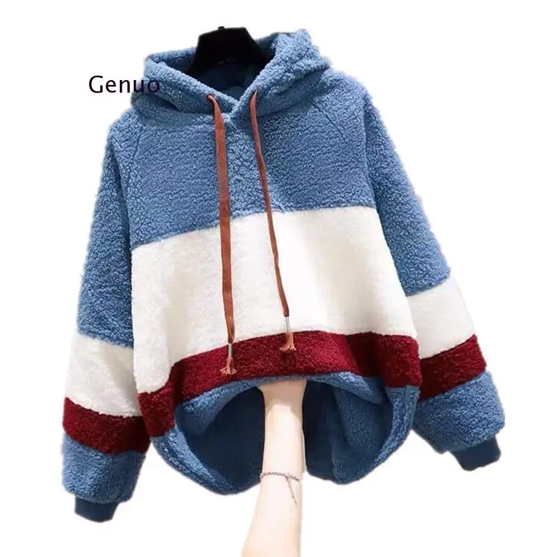 Winter Plus Velvet Thick Ladies Hoodie Stripes Stitching Personality Contrast Color Loose Women Pullover