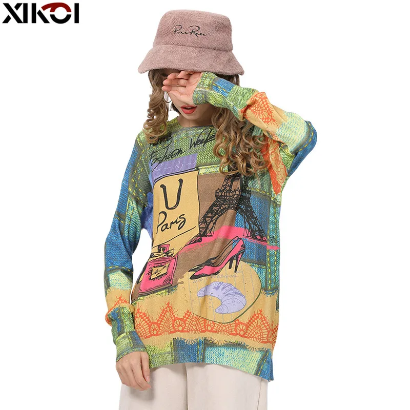 New XIKOI Winter Novel Print Sweater Women Pullovers Knitted O-Neck Jumper Women Oversized Warm Sweaters High Elastic Pull Femme