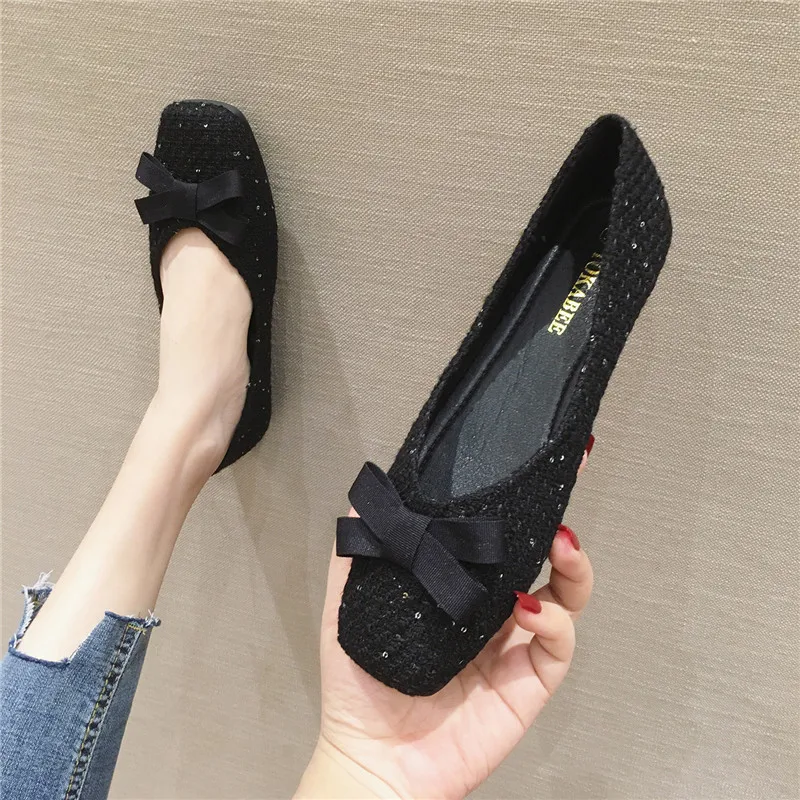 2021 Nude Shoes Black Flat Heel Shoes for Women Red Flats with Bowknot Square Head Butterfly Knot Solid Color 31 32 33 44 45