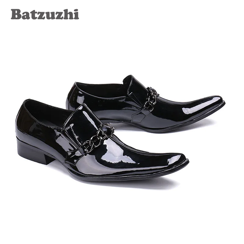 Batzuzhi Japanese Style Fashion Men Shoes Square Toe Patent Leather Dress Shoes Men Black/Red Formal Business/Party and Wedding