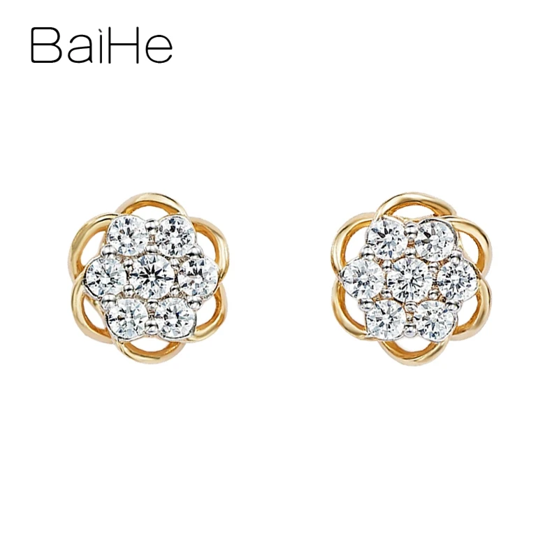 BAIHE Solid 14K Yellow Gold H/SI Natural Diamond Flower Stud Earrings Women Wedding Trendy Fine Jewelry boucle d’oreille aretes