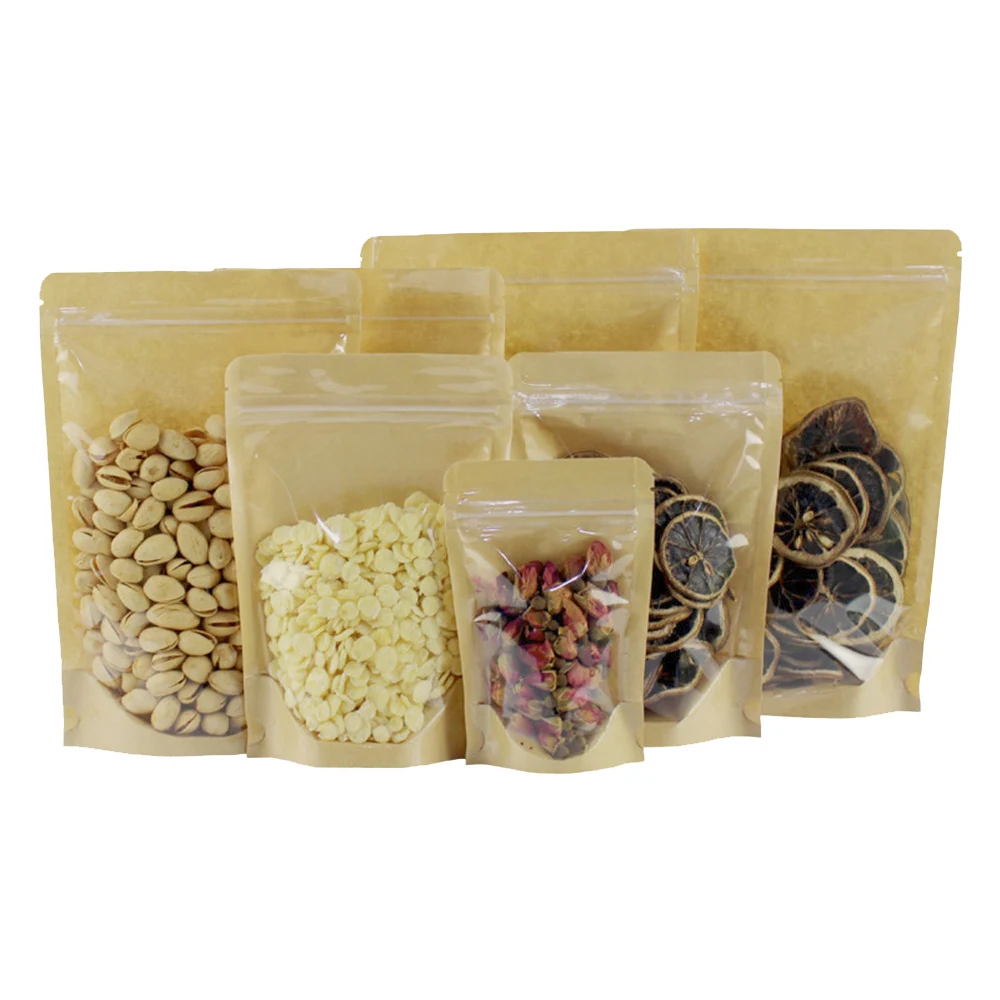 50Pcs/Lot Self Grip Seal Tear Notch Resealable Reusable Doypack Food Storage Pouches Clear Kraft Paper Zip Lock Stand Up Bag