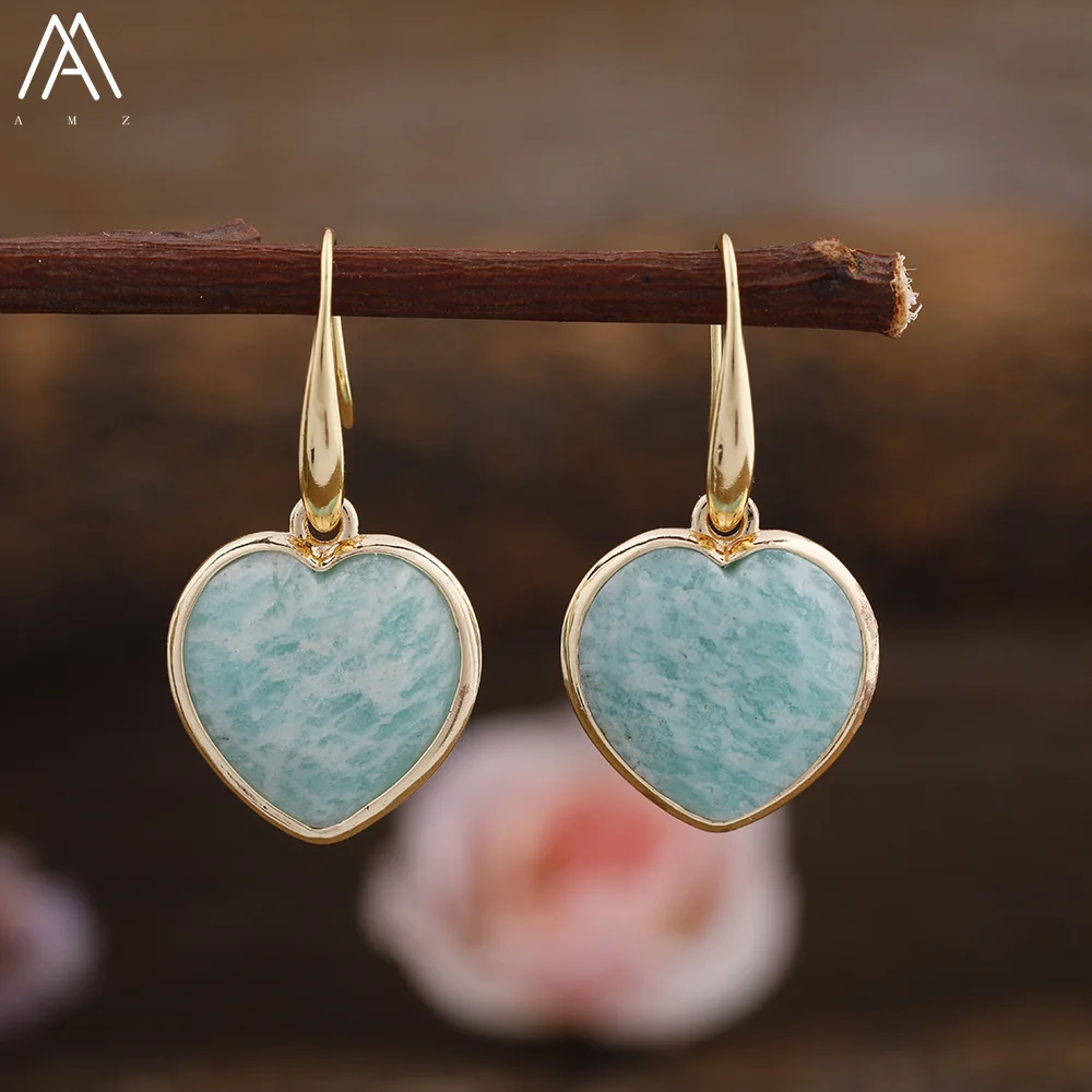 Fashion Women Heart Stone Earring Jewelry Roses Quartz Amazonite Black Agates Beads Dangle Hook Earrings Birthday Jewelry