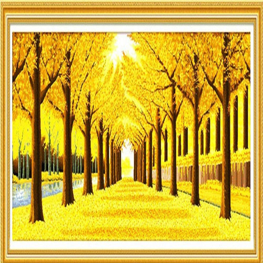 

Handmade Finished Gold 2020 Cross Stitch Line Embroidery New Living Room Large Landscape Paintings