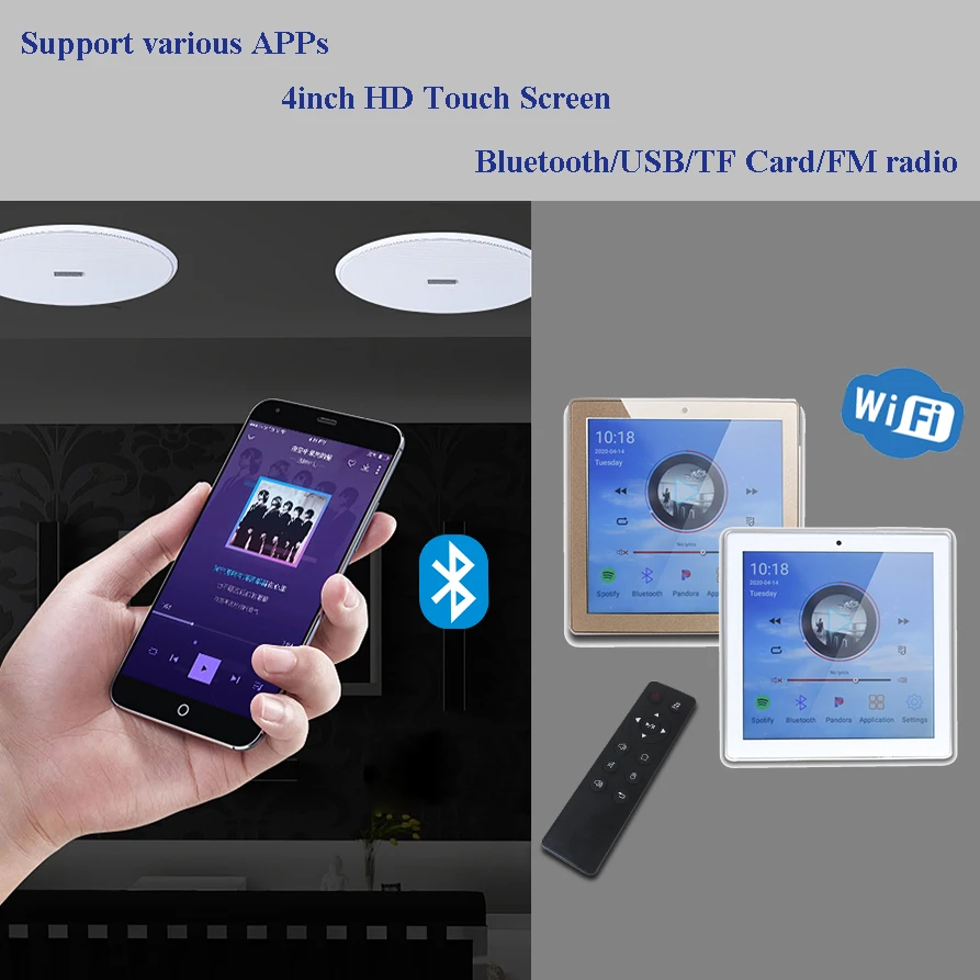 Android WiFi Bluetooth In Wall Amplifier Digital Home Audio Volume Controller,Support FM,USB,TV,Online Music and Speakers