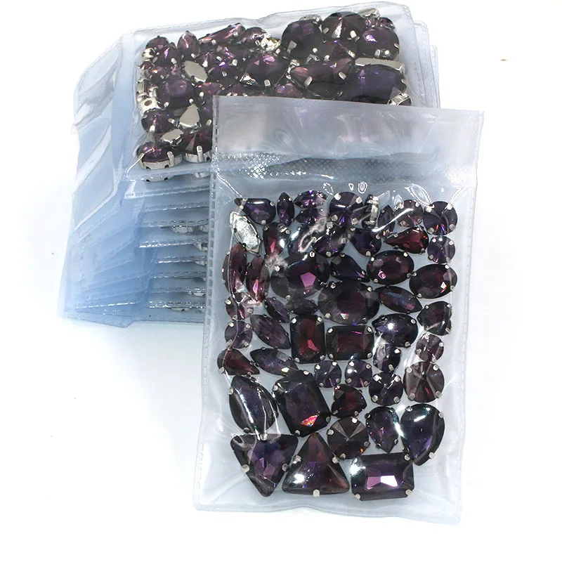 New 5 bags Wholesale mixed shape glass crystal Deep purple sew on sliver base claws rhinestones diy clothing/wedding dress