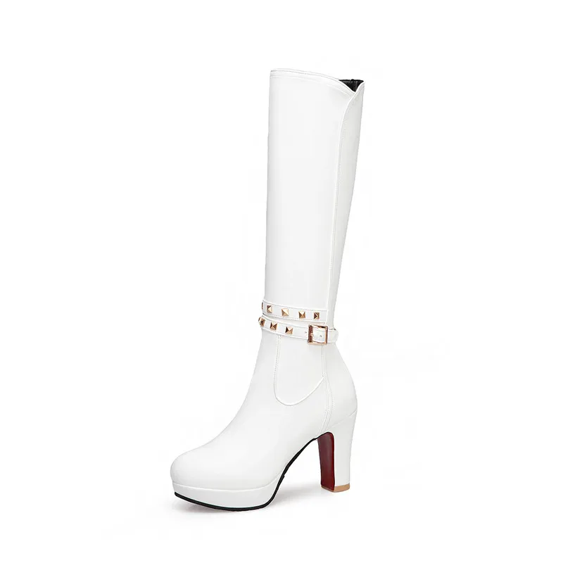 YMECHIC Fashion Elegant Platform High Heel Long Knight Riding Boots White Black Buckle Strap Studded Shoes Women Winter 2023