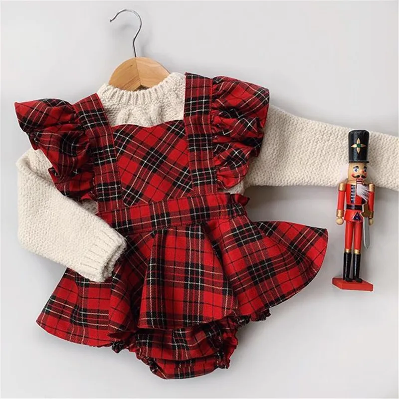 Xmas 0-24M Baby Girls Boys Rompers Dress +Headband Plaid Print Ruffles Short Sleeve Backless Jumpsuits