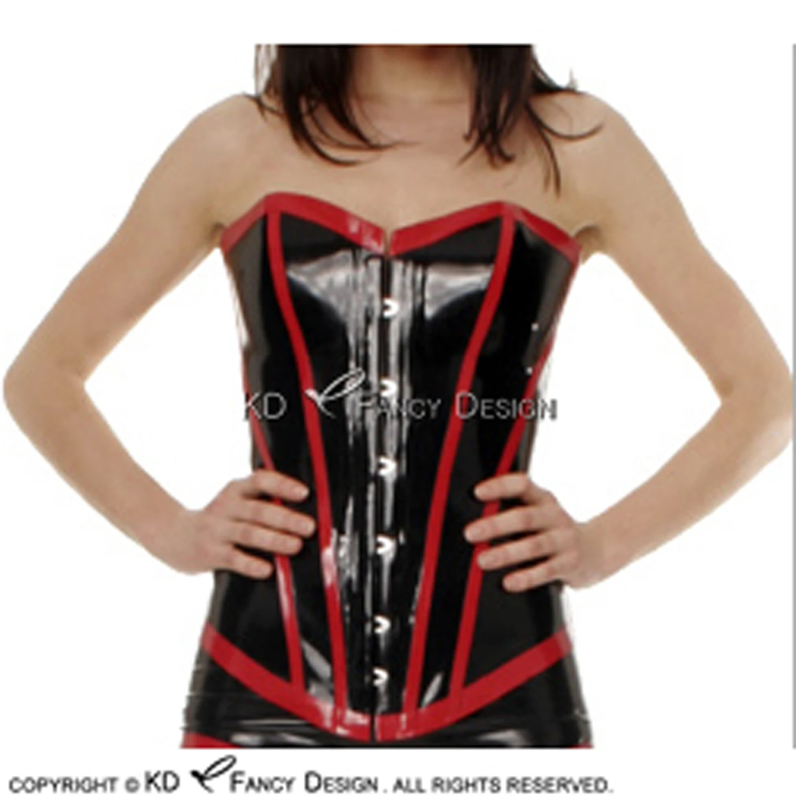 Black And Red Stripes Sexy Latex Corsets With Cup Shape Decoration Lacing Back Rubber Bustiers Top CY-0024