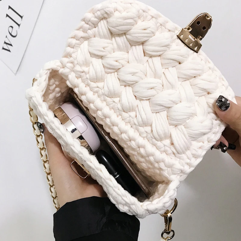 Casual Solid Hand-woven Square Women Bags Cotton Handmade Crochet Women\'s Shoulder Bag Chains Lock Crossbody Bags For Women 2020