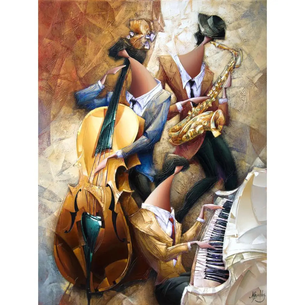 

Handmade Abstract Oil Painting Music Art Jazz Trio Contemporary Artwork Figure Men Beautiful Canvas For Pub Office Wall Decor