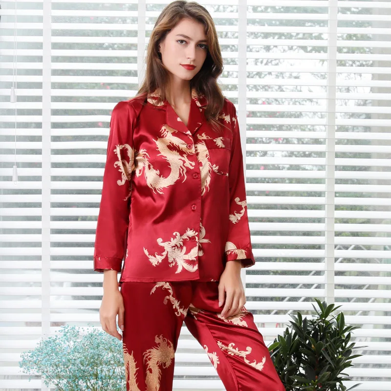 Simulation Silk Couple Pajamas New Long-Sleeved Suit Men And Women V-Neck Silk Printing Dragon And Phoenix Home Service Пижам