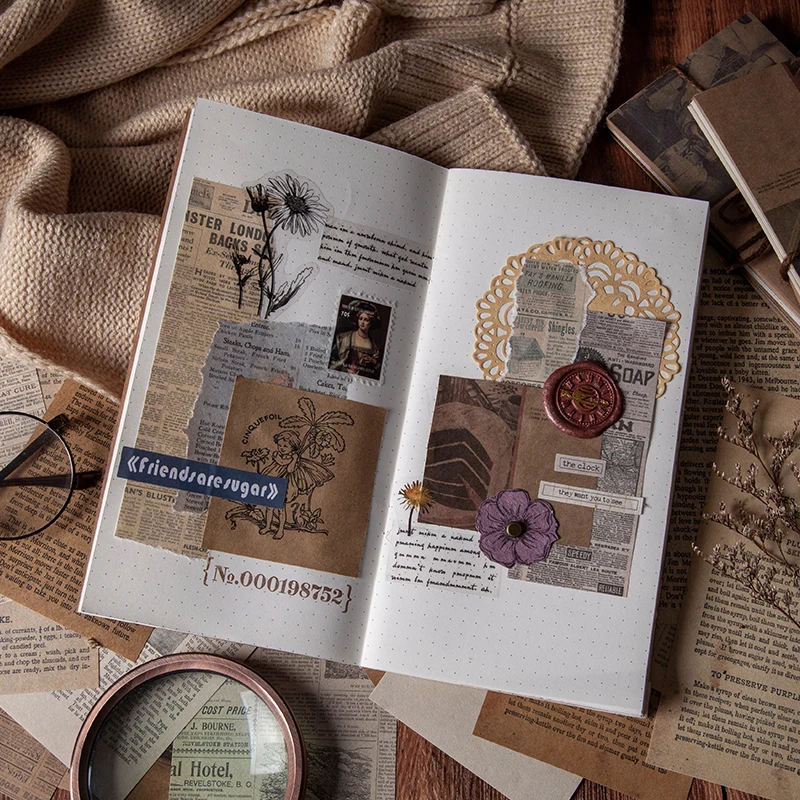 

60 Pages Vintage Scrapbook Collage Material Book Retro Pages Kraft Paper Journal Background Paper Pads DIY Craft Supplies
