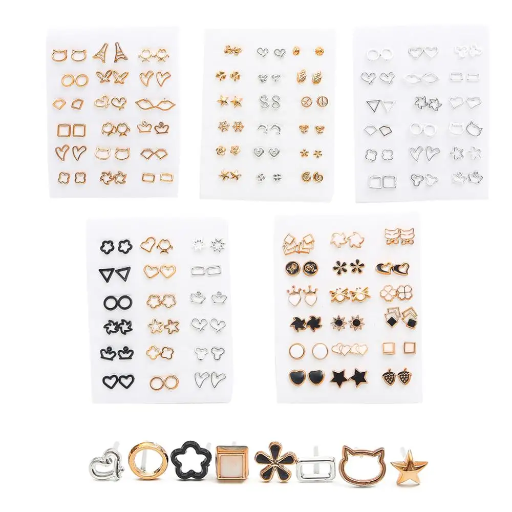 18pairs Earrings Mixed Styles Flower Geometric Animal Star Crown Metal Plated Stud Earrings Set For Women Girls Fashion Jewelry