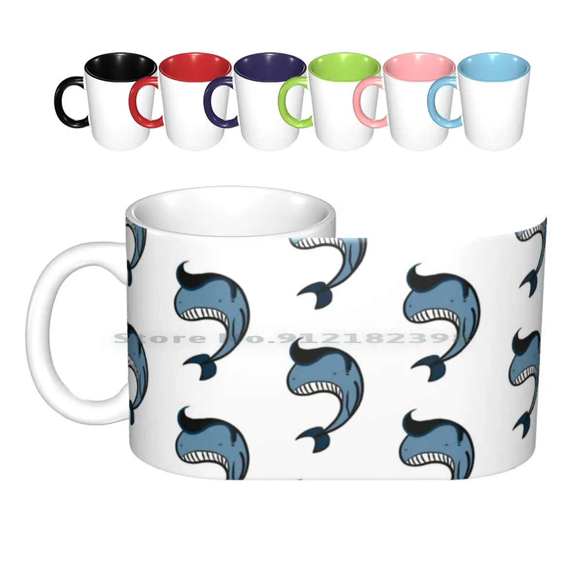 Pompadour Whale Ceramic Mugs Coffee Cups Milk Tea Mug Whale Cartoon Doodle Blue Ocean Hair Pompadour Funny Whales Sea Fish