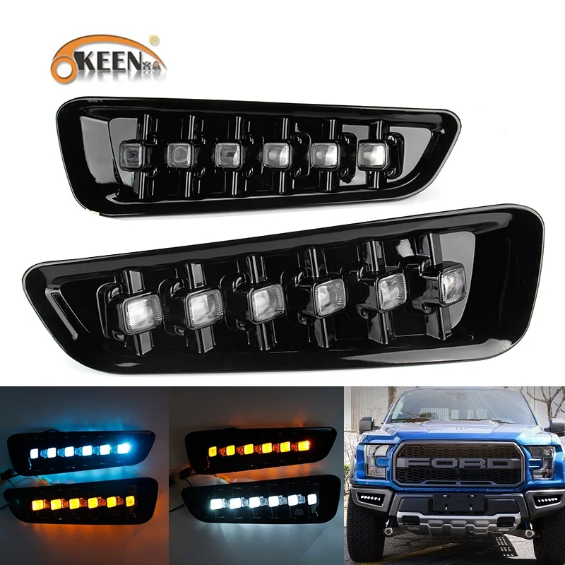 

OKEEN 2pcs Waterproof Car LED DRL For Ford F150 Raptor 2016 2017 2018 2019 LED Daytime Running Light Turn Signal Amber Fog Lamp