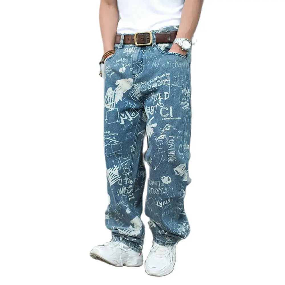 Calça jeans masculina larga, estilo hip-hop, grafite, solto, para skate, casual, roupa urbana, jeans de dança, calças retas, pernas largas,