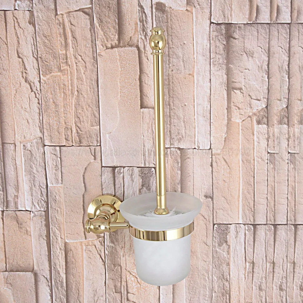 Toilet Brush Holders Gold Color Brass Toilet Brush Holder With Glass Cup Household Products Bathroom Decoration zba312