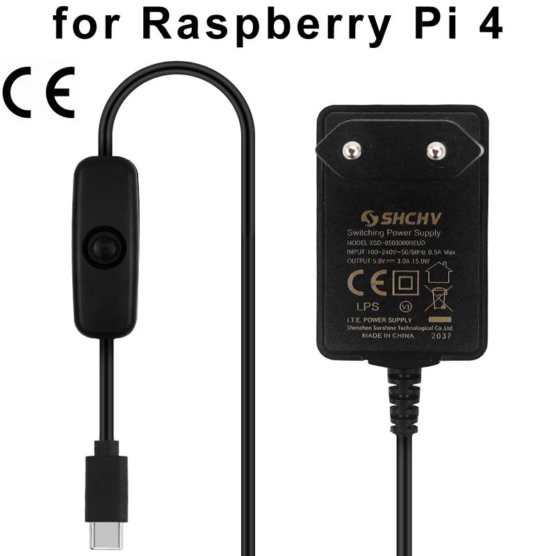 Zasilacz Raspberry Pi 4 5V 3A z włącznikiem/wyłącznikiem Zasilacz z certyfikatem CE Typ C Ładowarka EU US do Raspberry Pi 4 Model B