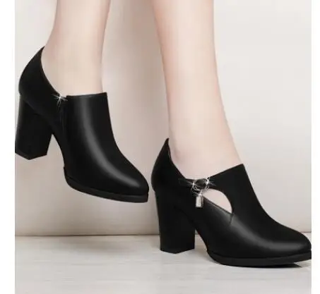 Women Shoes Autumn Winter PU Leather Pointed Toe Thick High Heel Solid Mom Shoes lace up Wedding Female Pumps Boots Plus Size