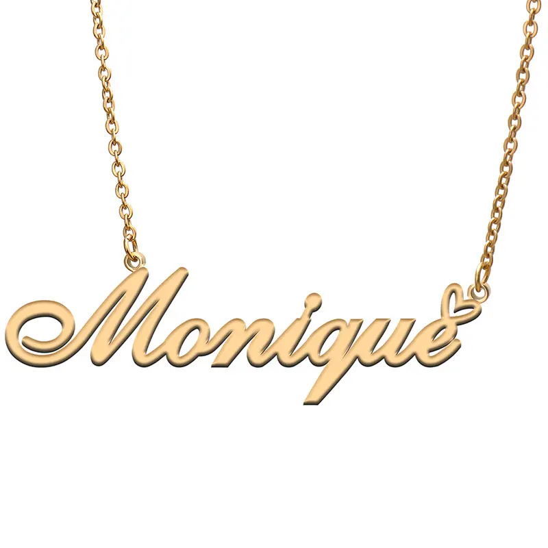 Monique Name with Love Heart Necklace for Women Stainless Steel Jewelry Nameplate Pendant Femme Mother Child Girls Gift