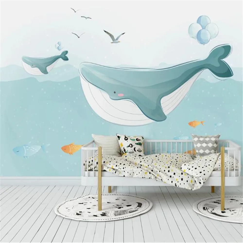 

Milofi custom 3D printing wallpaper mural cute whale hand-painted Nordic fresh children's room background wall blue