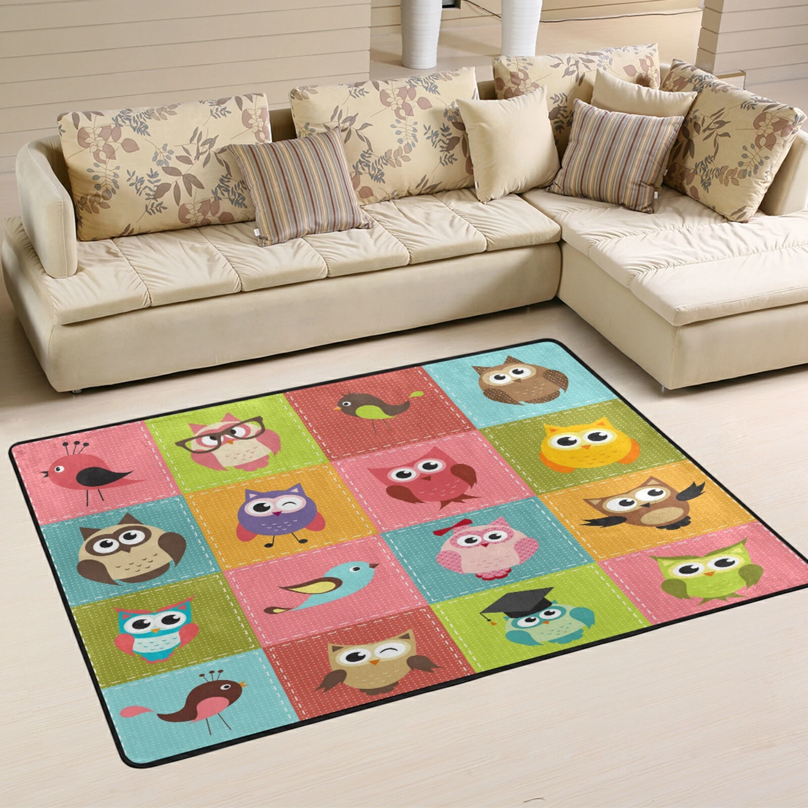 Colorful Cartoon Owl Printed Children Carpet For Living Room Bedroom Decor Water Absorption Non-slip Floor Mat Area Rug Doormat