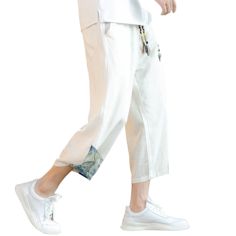 Japanese style cropped pants Men Joggers Harem flax Pants Man Summer ancient costume Streetwear Loose Trouser Trendy Sweatpants