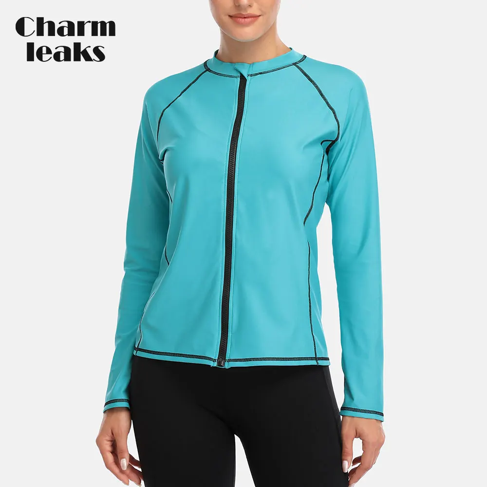 

Charmleaks Women Long Sleeve Zipper Rashguard Top Swimsuit Swimwear Surfing Top Running Diving Shirts Rash Guard UPF50+