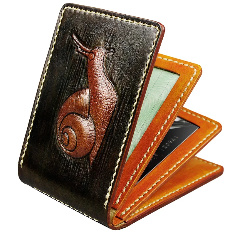 Handmade Women Men Clutch Vegetable Tanned Leather Driver License Snail Passport Cover Folder Wallet Card Holder