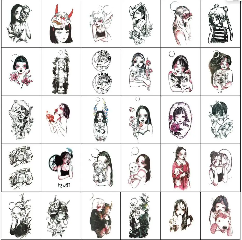 30PCS Black Girls Waterproof Tattoo Stickers for Women Men Body Art Arm Decals Water Transfer Temporary Bueaty Tatoos T1977