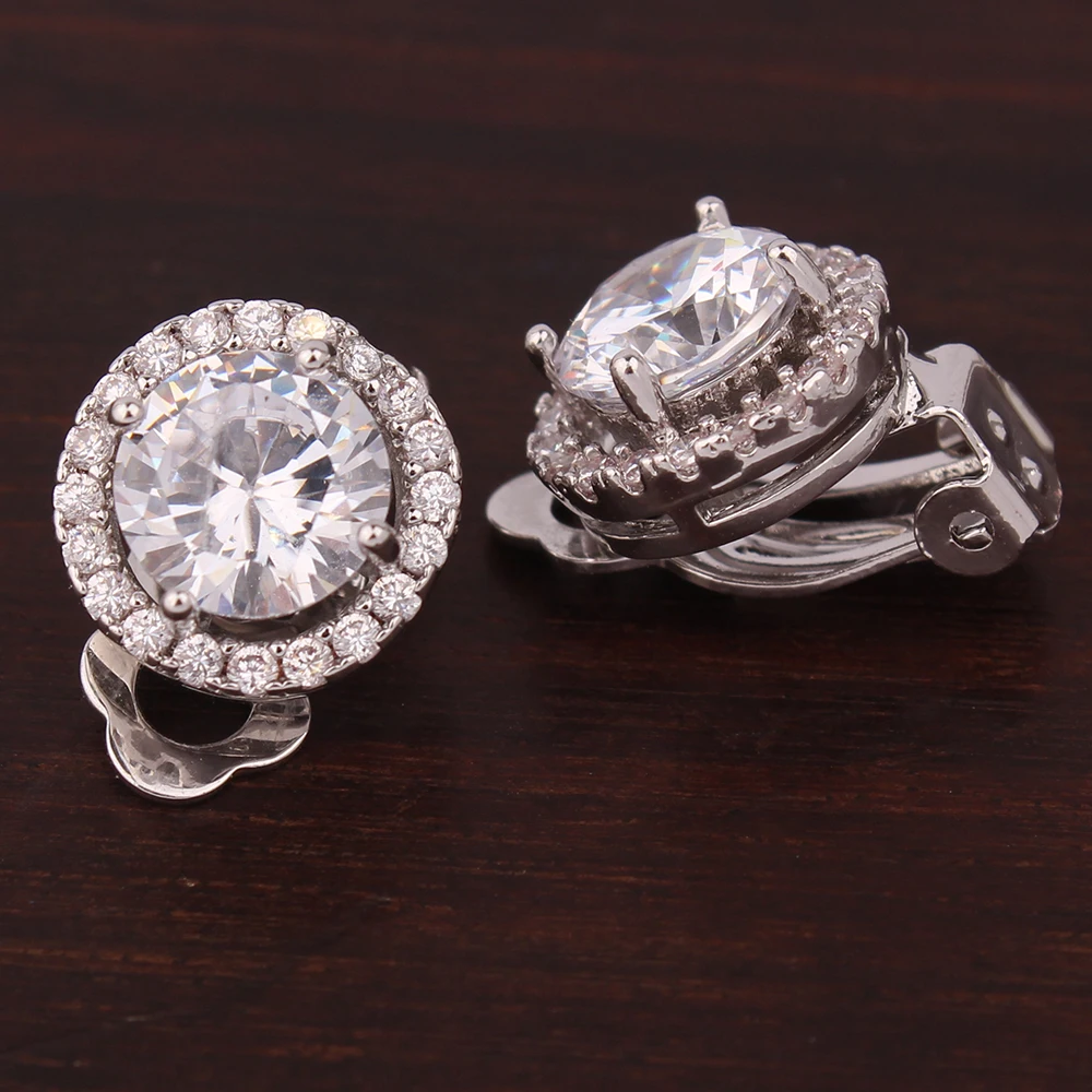 WENHQ Circle Shape Clip on Earrings No Pierced Luxury Fashion Party Wedding Cubic Zircon White Gold Color No Hole Ear Clip New