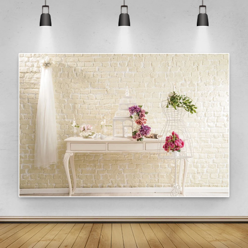 

Leacco Spring Interior Room Photographic Backdrops Flowers Desk Brick Wall Plant Portrait Photographic Backgrounds Photo Studio