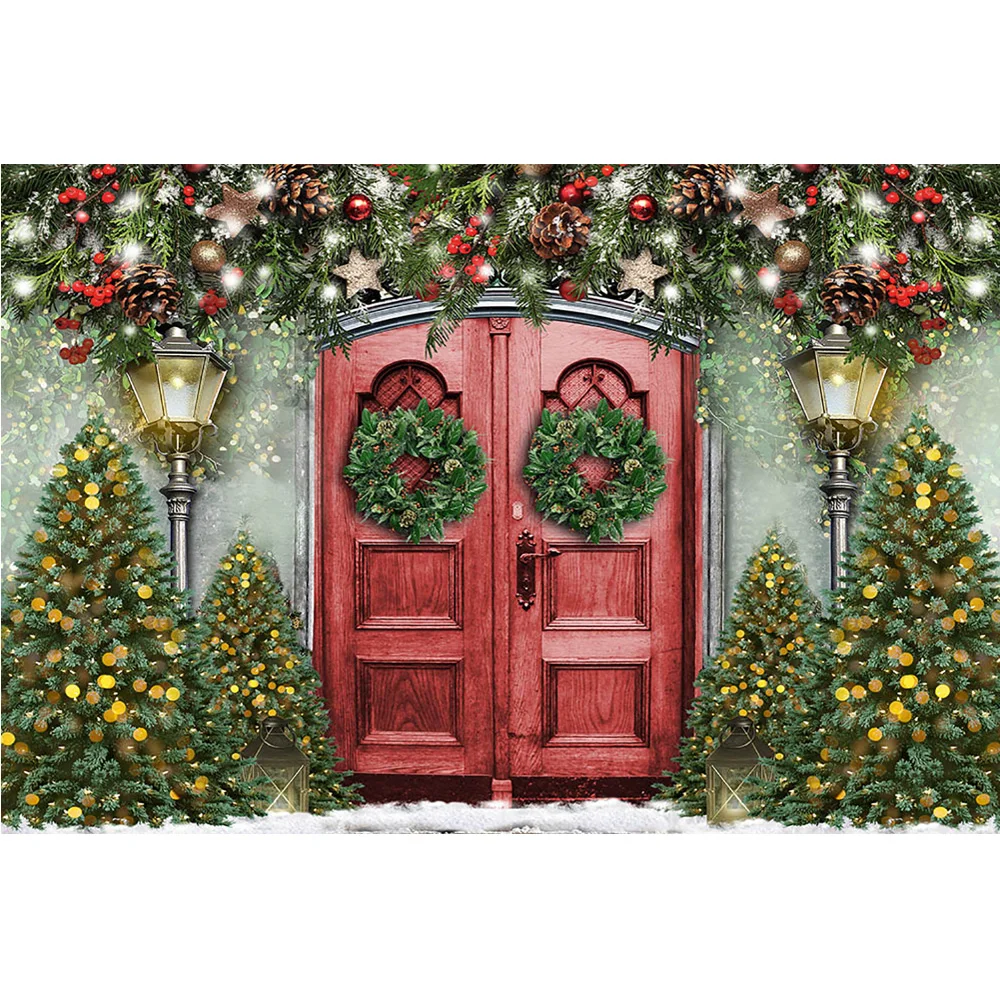 عيد الميلاد أشجار الصنوبر صورة خلفية خمر الباب الأحمر مصباح صور إكليل خوخه الشتاء صورة خلفية استوديو التصوير الفوتوغرافي