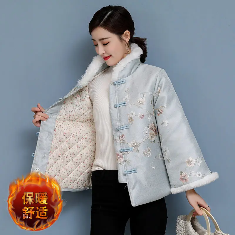 Winter Chinese Style Retro Printing Jacquard Thick Quilted Faux Rabbit Fur Short Coat Cotton Padded Jacket Stand Up Parka M2044