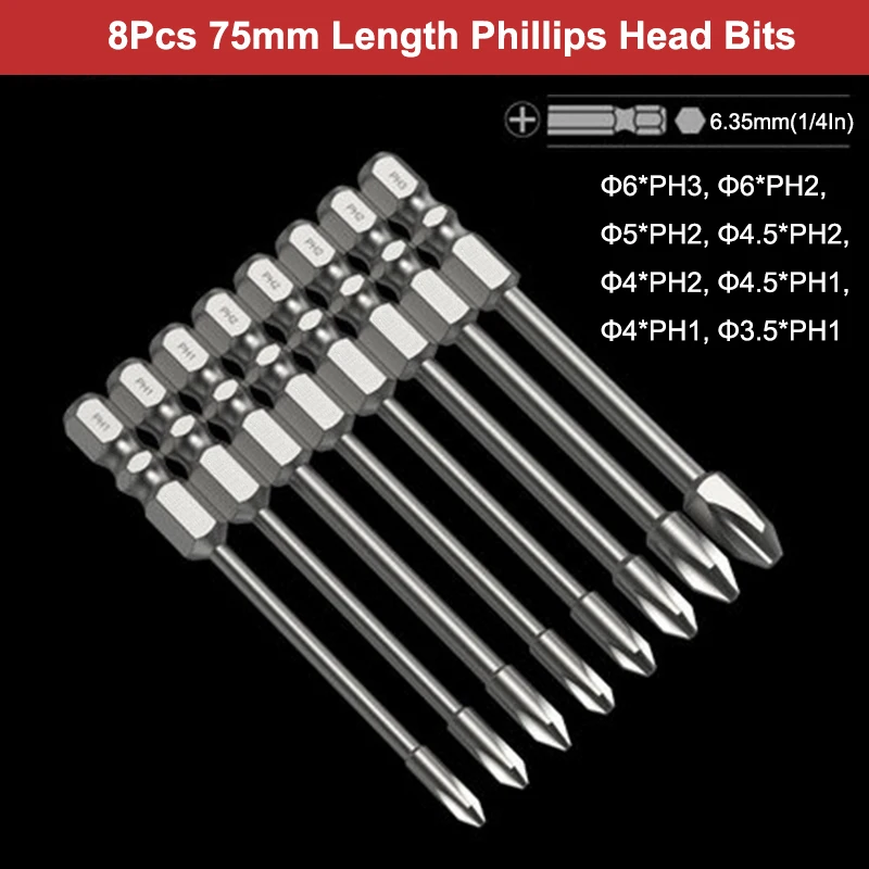 8Pcs 75/100mm 길이 충격 필립스 스크루 드라이버 비트 S2 강철 토크 크로스 헤드 드릴 비트 자기 스크루 드라이버 비트