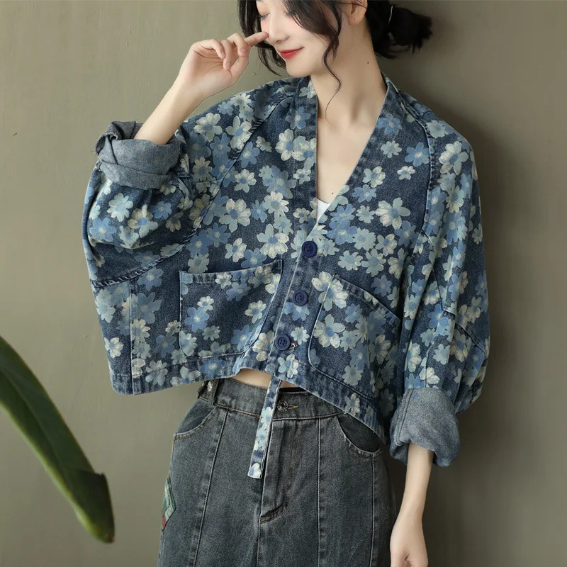 

Female new spring korean style plus size outerwear literary printing loose denim batwing sleeve short jacket