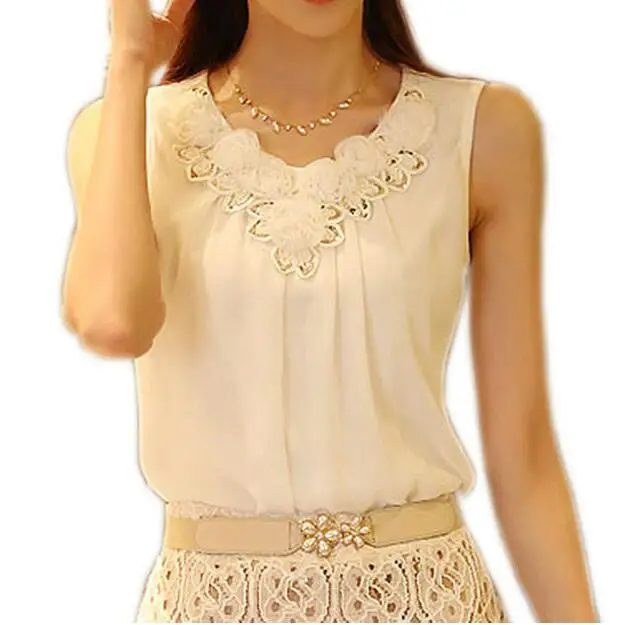 New Women Sleeveless Chiffon Blouse Diamond Folding Casual Lace Crochet Stitching White shirts Plus size S-6XL
