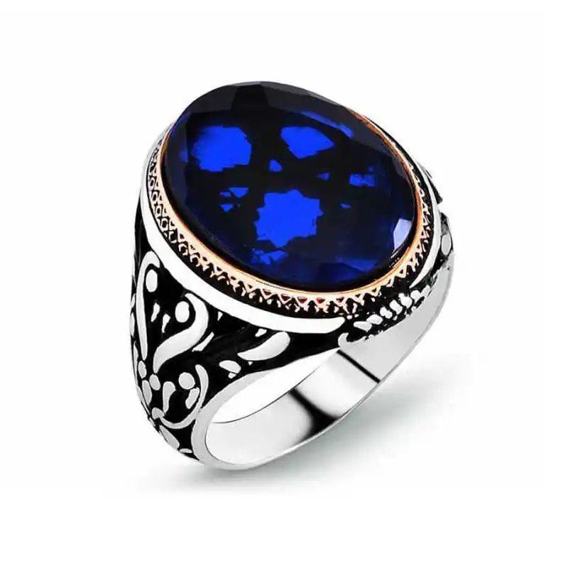 Silver Parliament Blue Zircon Stone Men's Ring - 925 Sterling Men's Jewelry Wedding Birthday Gift - Box - agate Stone - Male - Fashion - Botiva - Size - Turkish - Patterned Embroidery