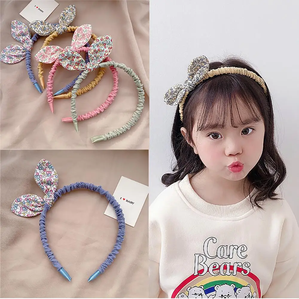 Diadema con Orejas de conejo para niña y niño, diadema con estampado de flores, aros para el pelo, accesorios para el cabello, lazo